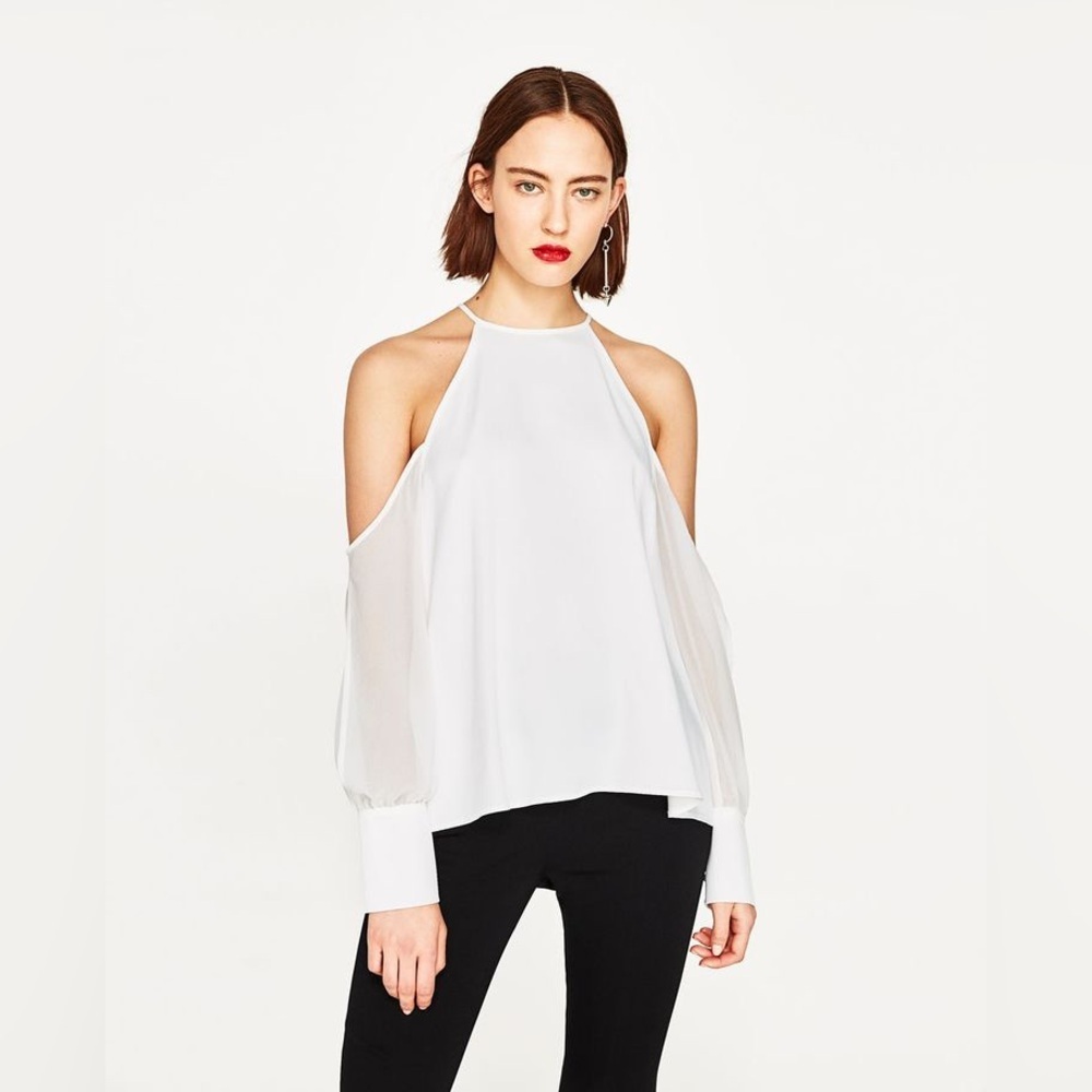NWT Zara White Cold Shoulder Top Blouse Size Small